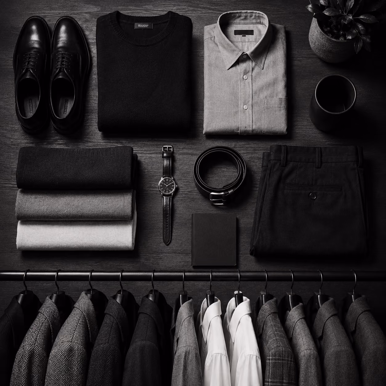 Flat lay of men's formal clothing and accessories on a dark wooden surface, including black dress shoes, folded black sweater, gray dress shirt, stacked folded pants in black, gray, and cream, a black leather watch, black belt, black wallet, and a rack of dark-colored jackets and white shirts hanging below, with a potted plant and black cup to the top right.