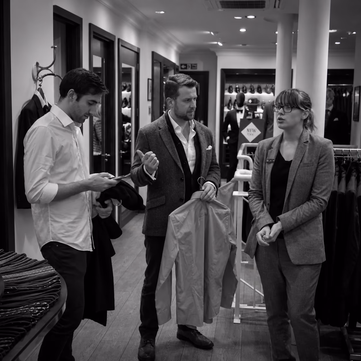 Three people inside a clothing store; a man on the left checks his phone while holding clothes, a man in the center wears a blazer and holds a jacket on a hanger, and a woman on the right in a blazer talks, standing near racks of clothing and mannequins.