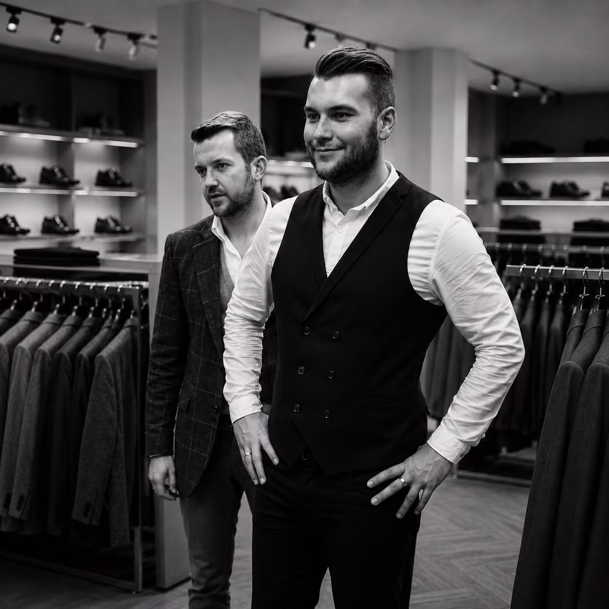 Two men in a men's clothing store with racks of jackets and shelves of shoes, one man wearing a vest and white shirt stands confidently with hands on hips while the other, wearing a blazer, looks on thoughtfully.
