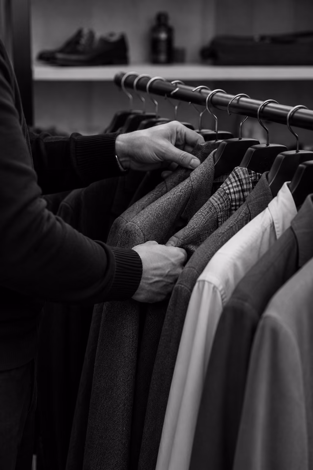 Person browsing a rack of jackets and shirts on hangers, selecting a grey tweed jacket in a clothing store.