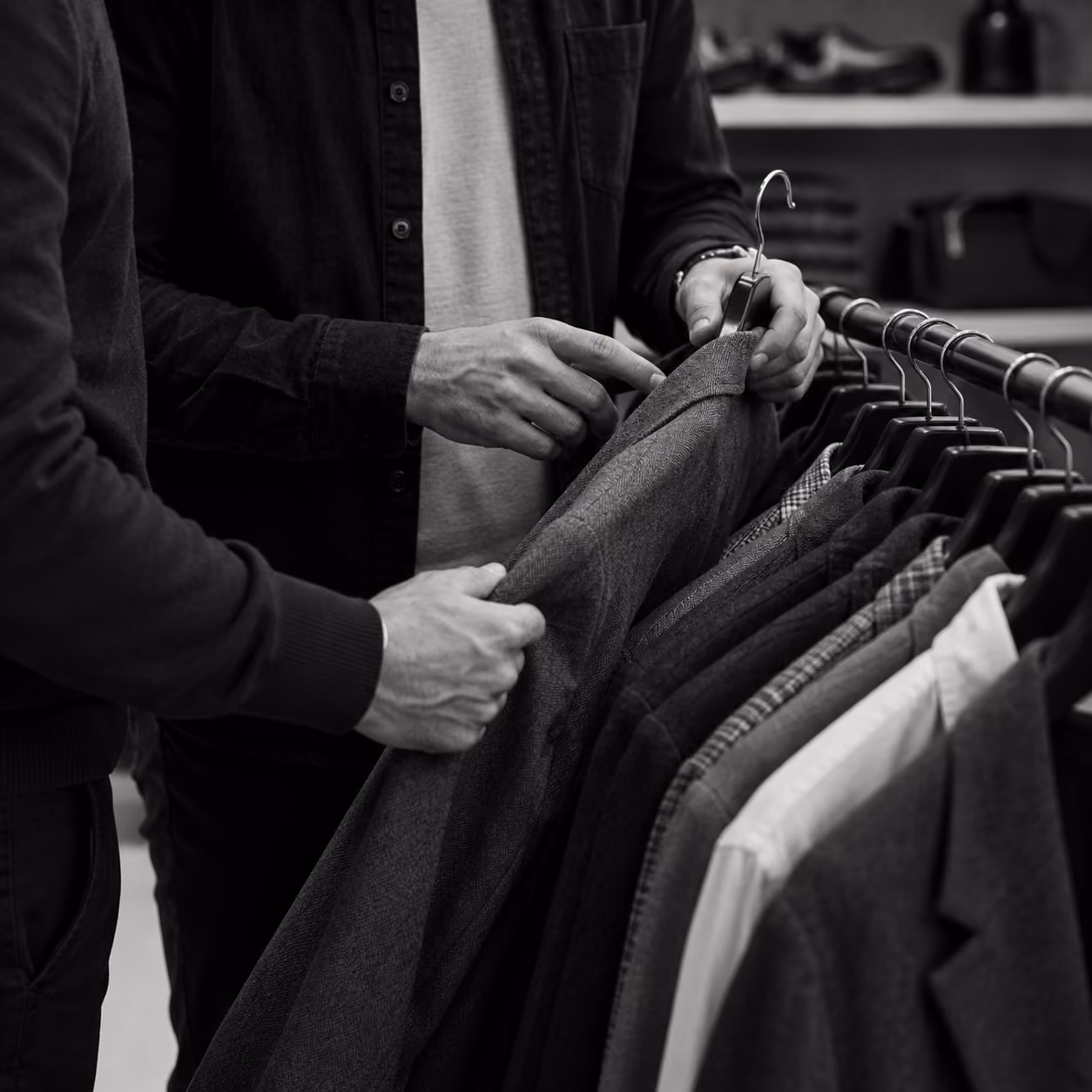 Two people examining a gray jacket on a hanger in a clothing store, with other jackets and shirts hanging on a rack beside them.